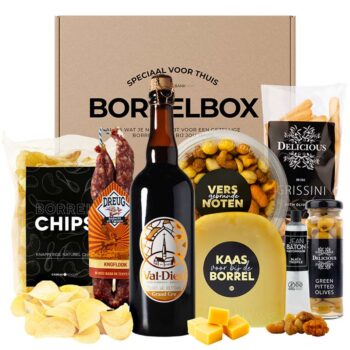 Luxe Vrijdagmiddag Borrelpakket | Grote fles bier, wijn of sap naar keuze