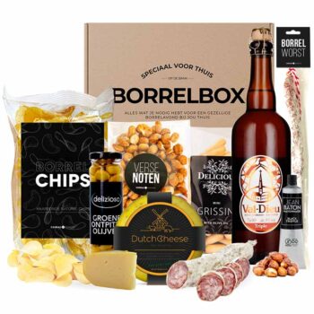 Luxe Vrijdagmiddag Borrelpakket | Grote fles bier, wijn of sap naar keuze