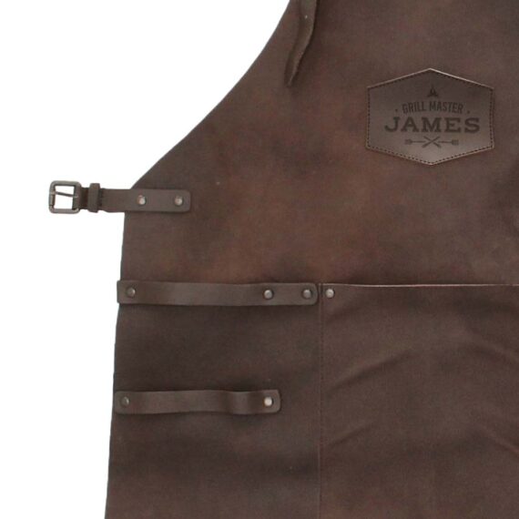 Bruin leren bbq schort gepersonaliseerd detailfoto